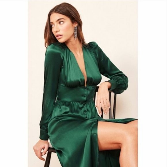 Reformation Nicola Silk Midi Dress Emerald Green 4 - Picture 3 of 12